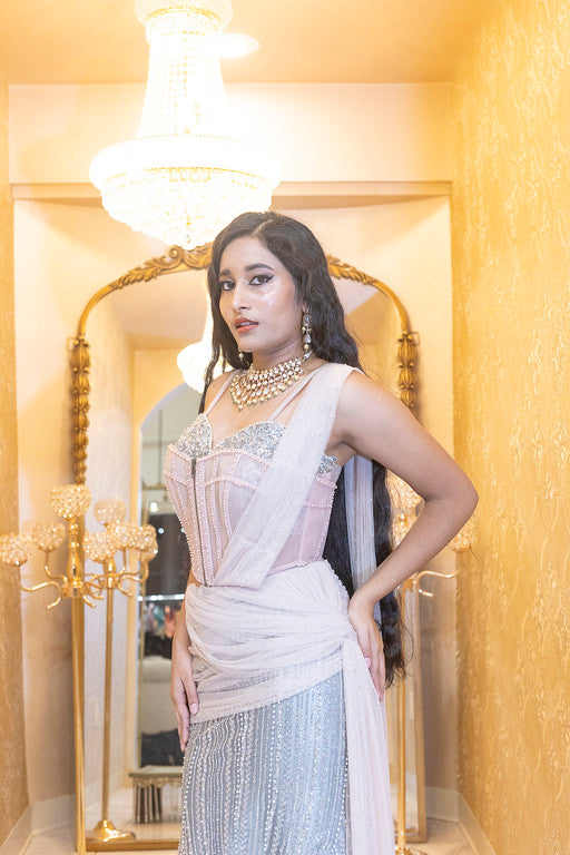 Silver Sequined Corset Gown with Mauve Draped Dupatta
