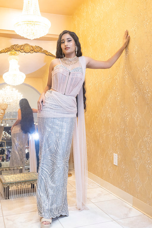 Silver Sequined Corset Gown with Mauve Draped Dupatta