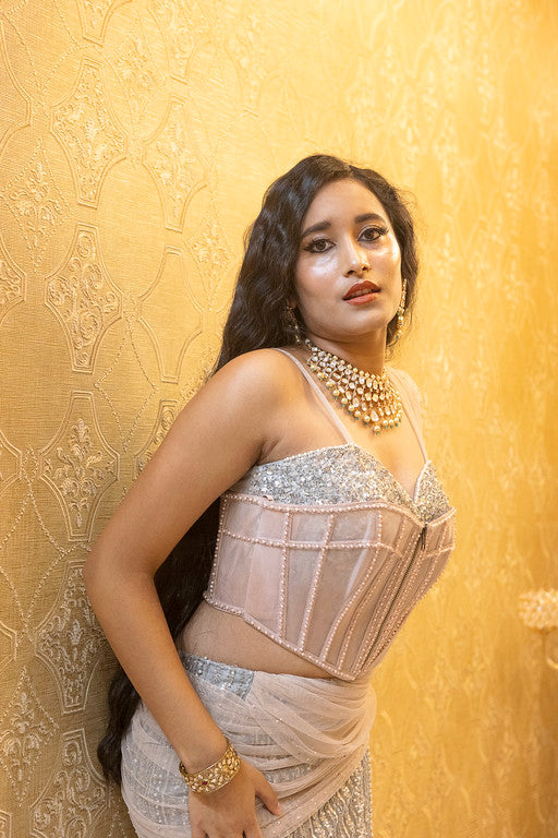 Silver Sequined Corset Gown with Mauve Draped Dupatta