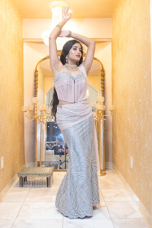 Silver Sequined Corset Gown with Mauve Draped Dupatta