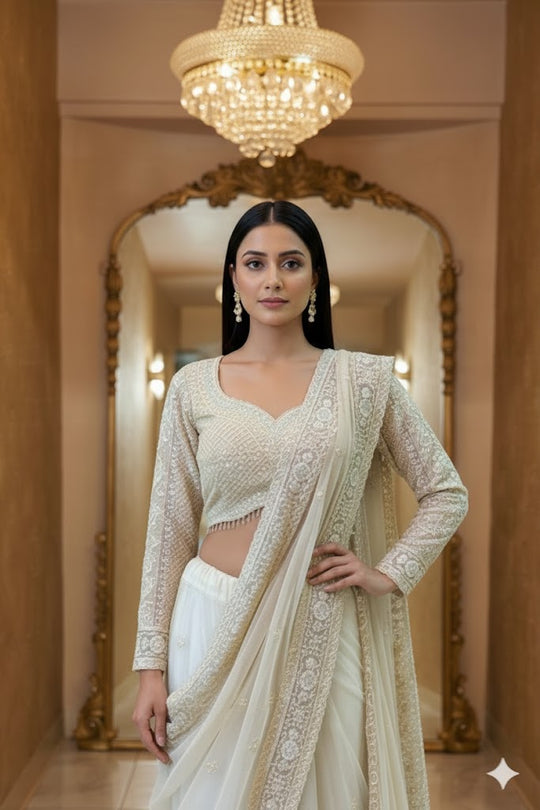 Ivory Georgette Fusion Lehenga Saree