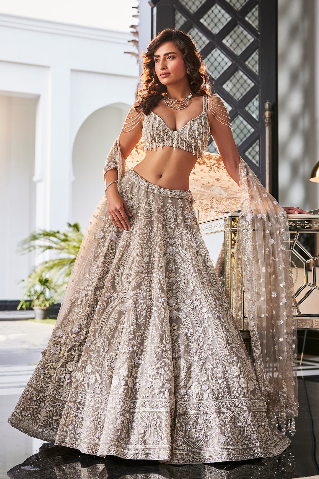 Grey Organza Hand Embroidery Lehenga