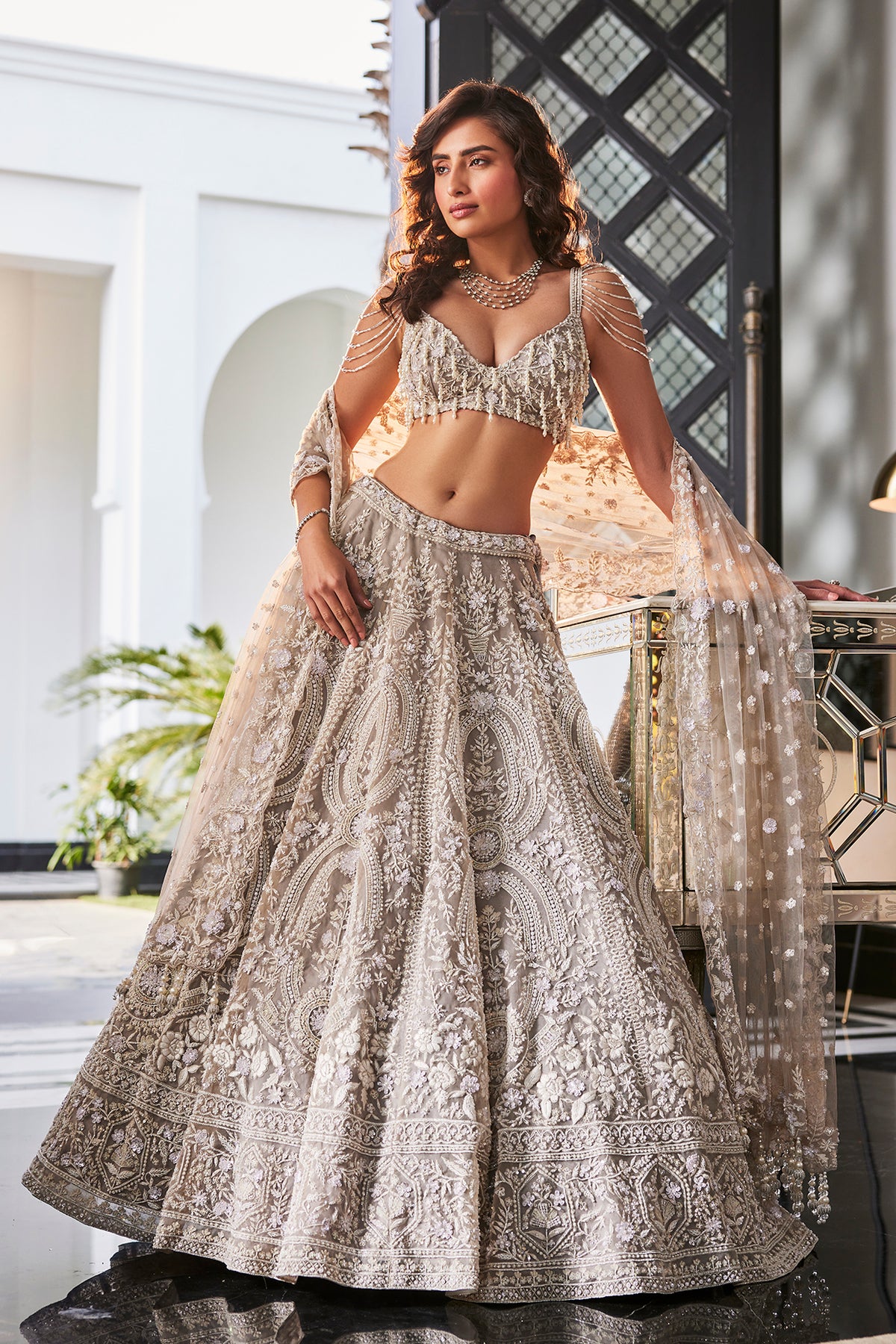 Grey Organza Hand Embroidery Lehenga