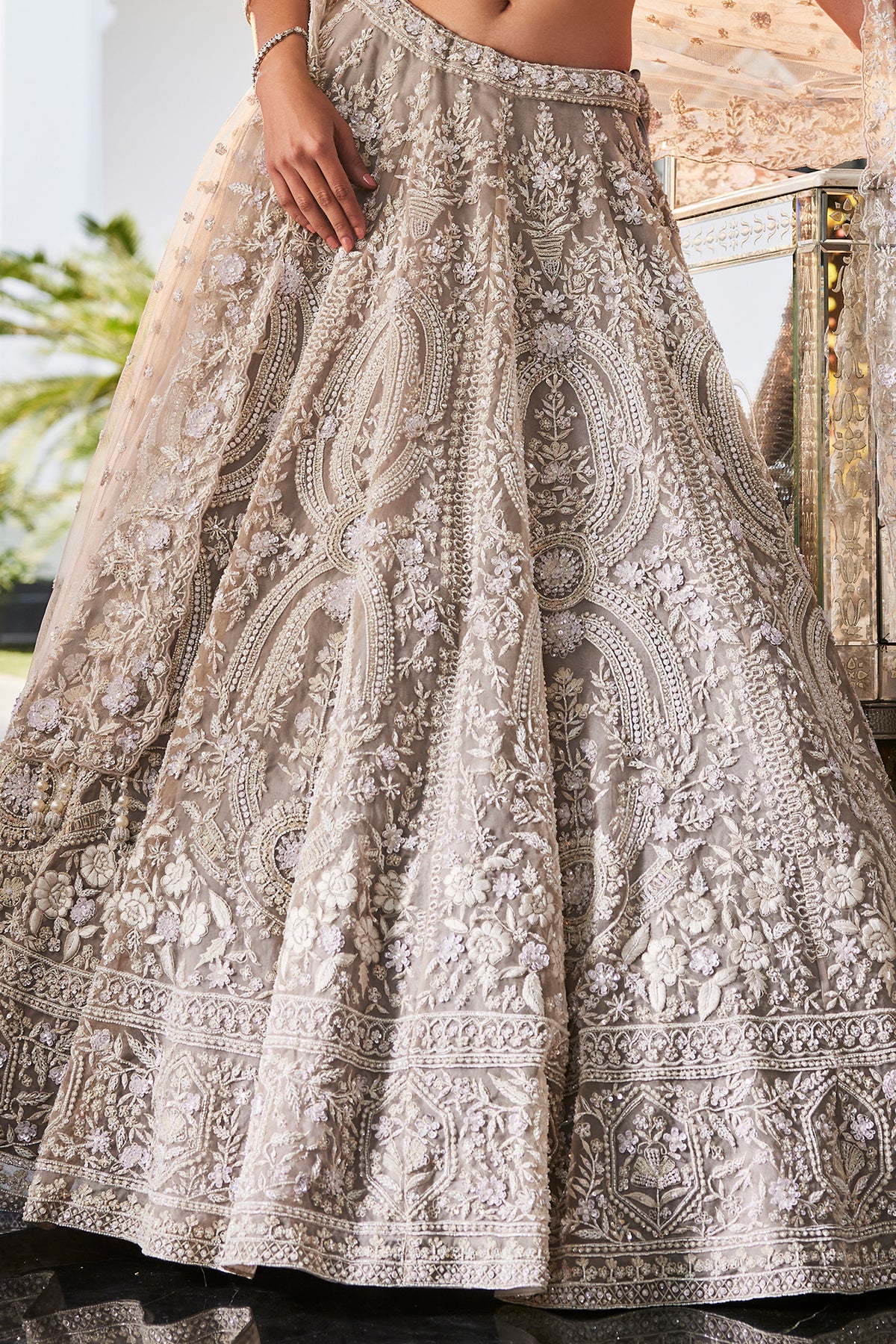 Grey Organza Hand Embroidery Lehenga