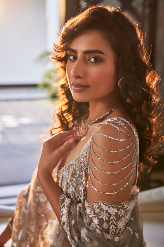 Grey Organza Hand Embroidery Lehenga