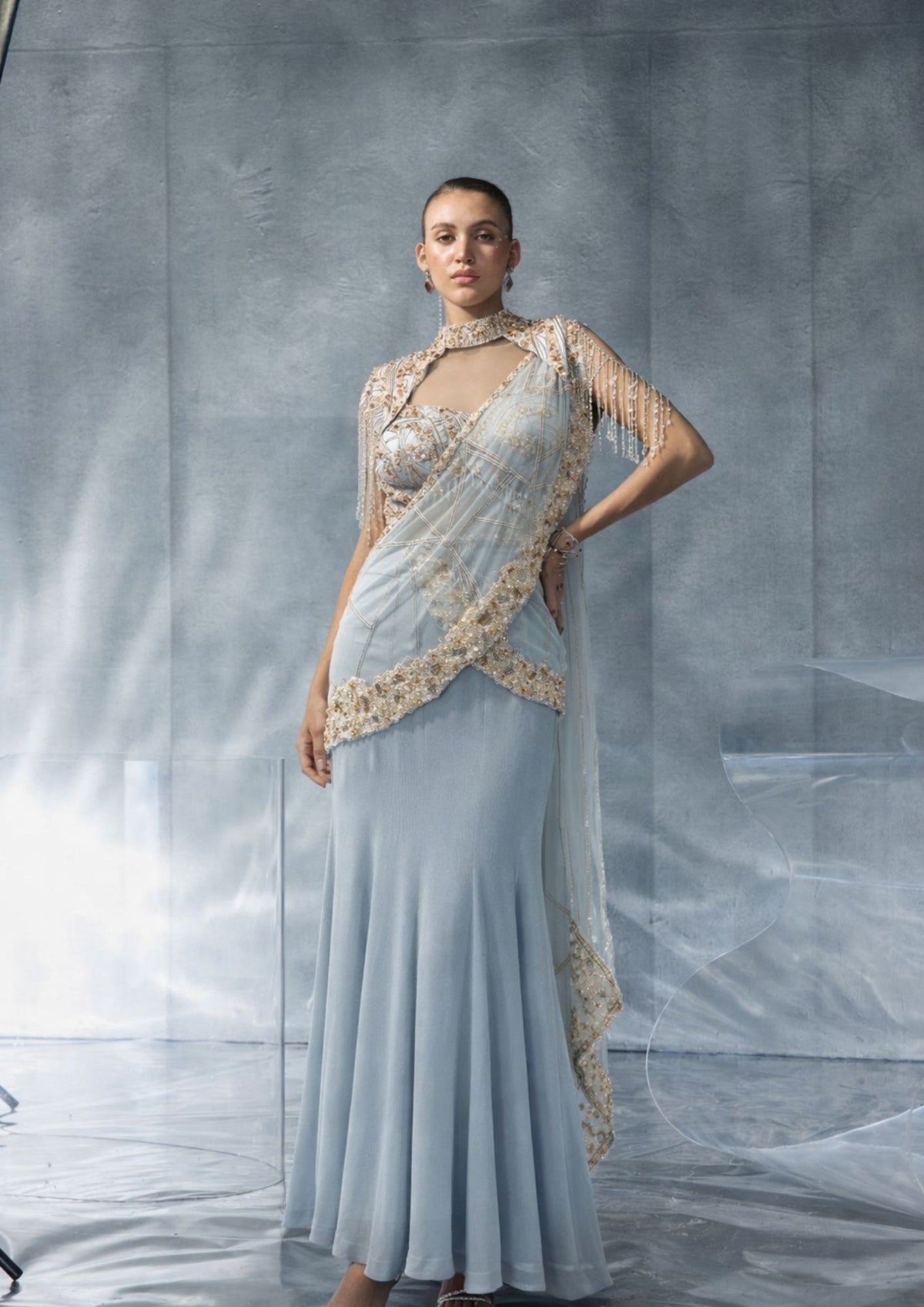 Kalighata Pret -  Ice Blue Fusion Kiro Cape Saree