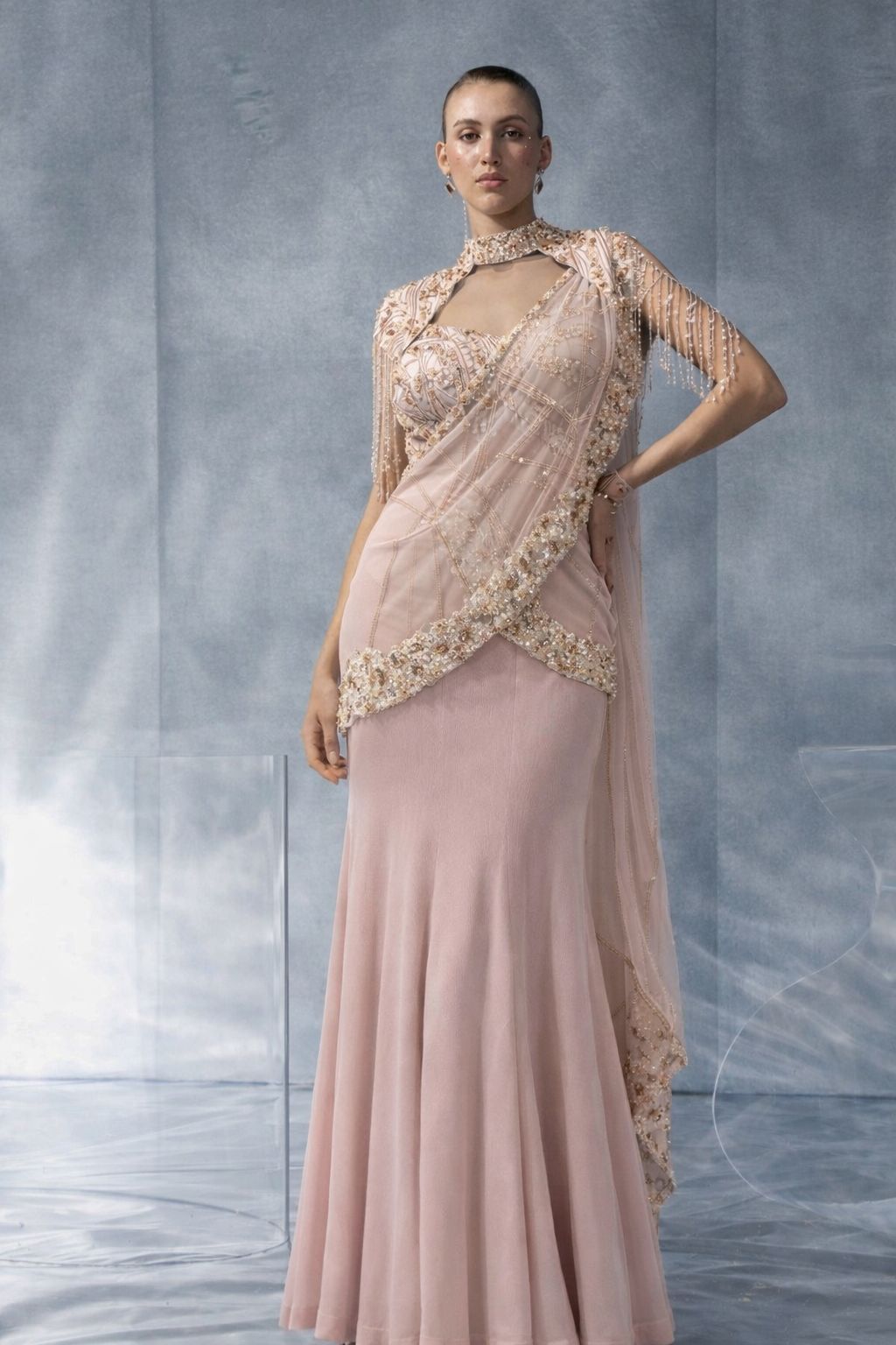 Kalighata Pret - Blush Pink Fusion Kiro Cape Saree
