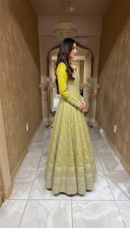 Lime Green Chikankari Embroidered Anarkali Gown