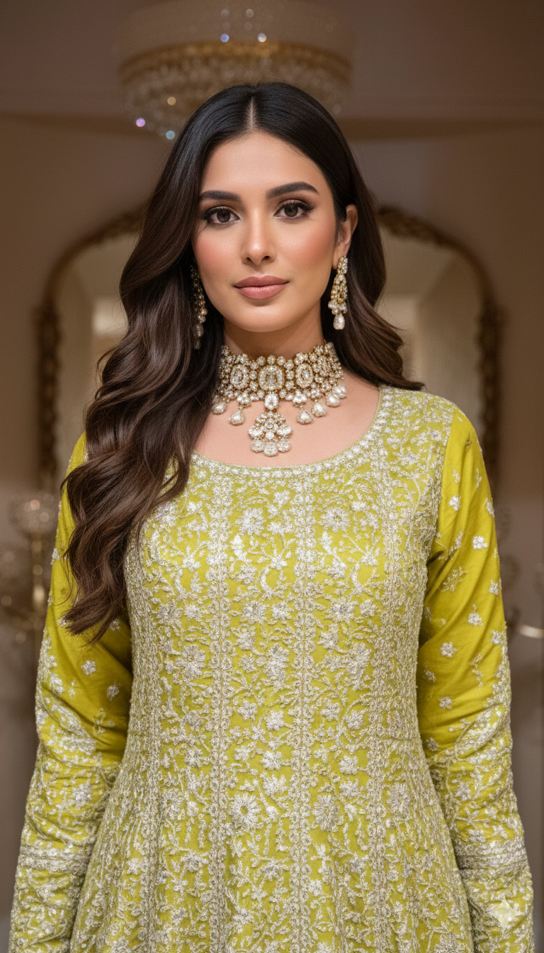 Lime Green Chikankari Embroidered Anarkali Gown