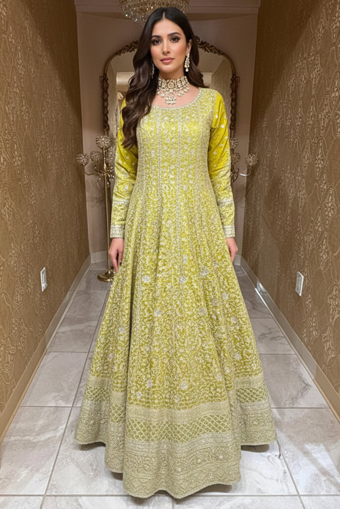 Lime Green Chikankari Embroidered Anarkali Gown  VAMA DESIGNS Indian  Bridal Couture