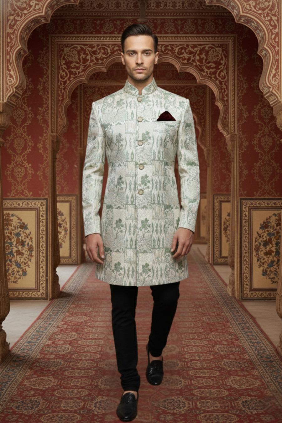 Luxury Sage Green &amp; Gold Floral Sherwani Jacket