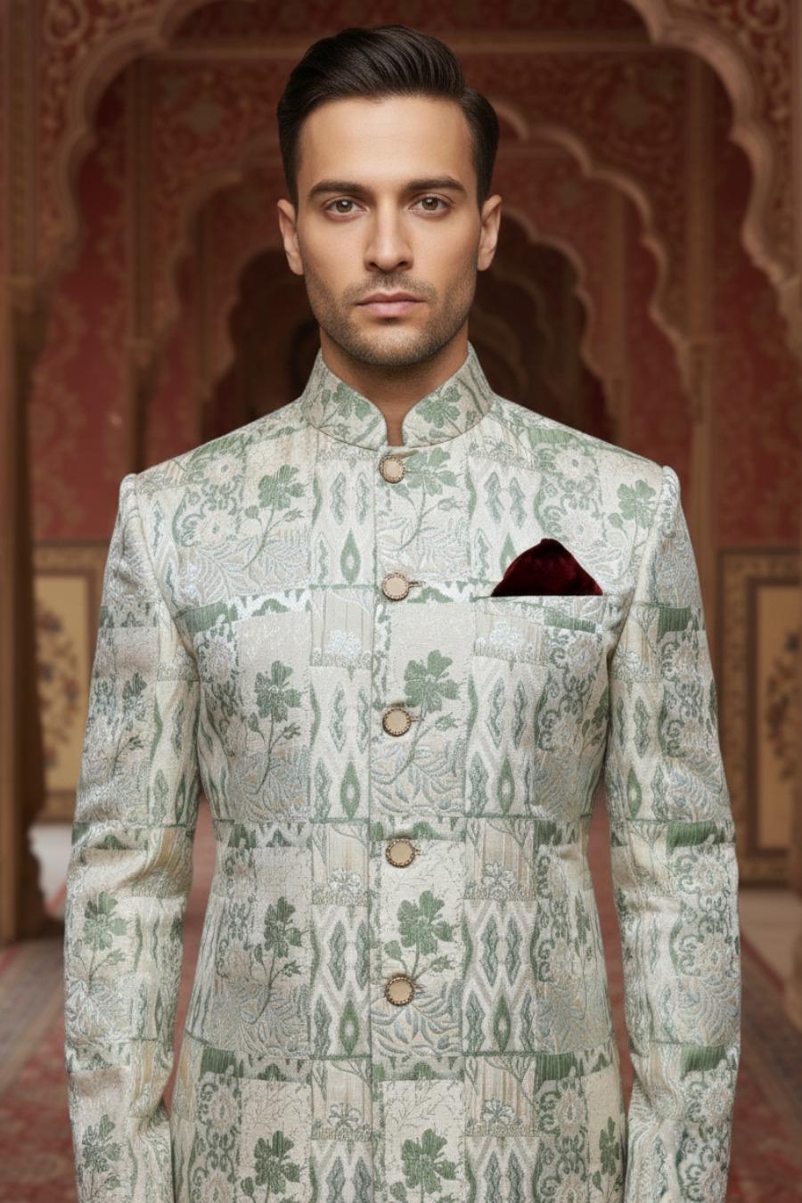 Luxury Sage Green &amp; Gold Floral Sherwani Jacket