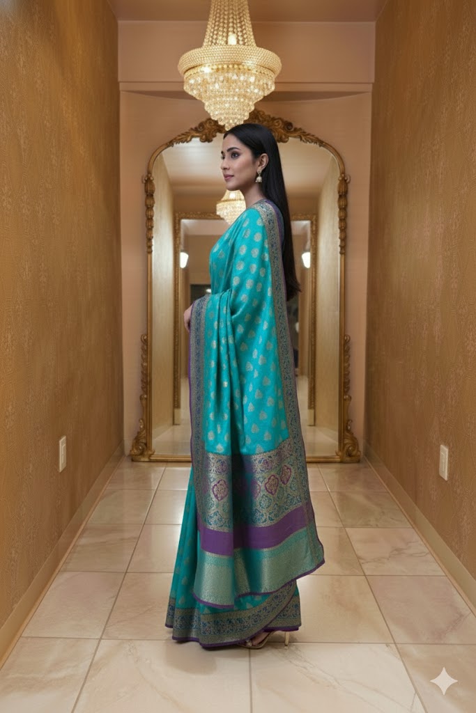 Turquoise Banarasi Silk Saree