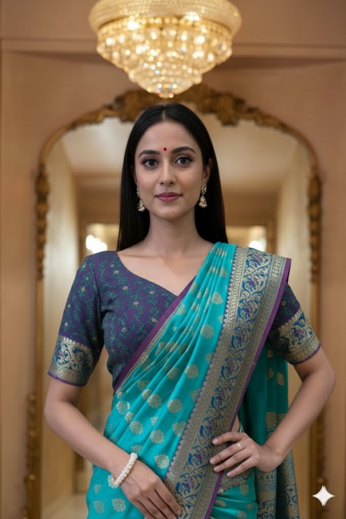 Turquoise Banarasi Silk Saree