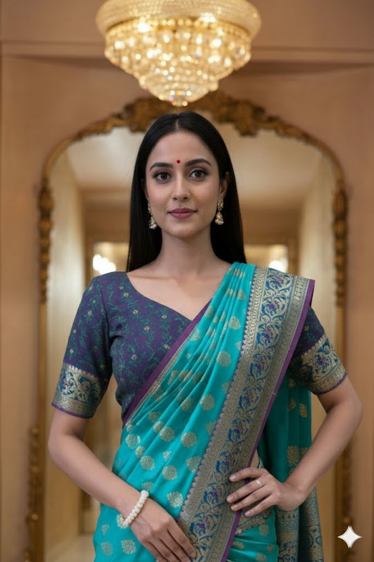 Turquoise Banarasi Silk Saree