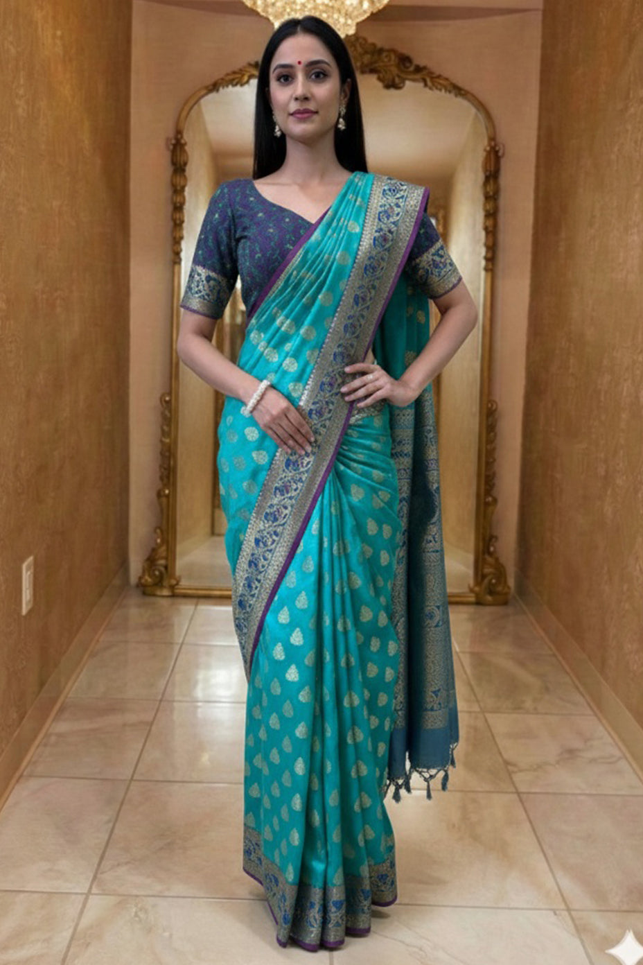 Turquoise Banarasi Silk Saree