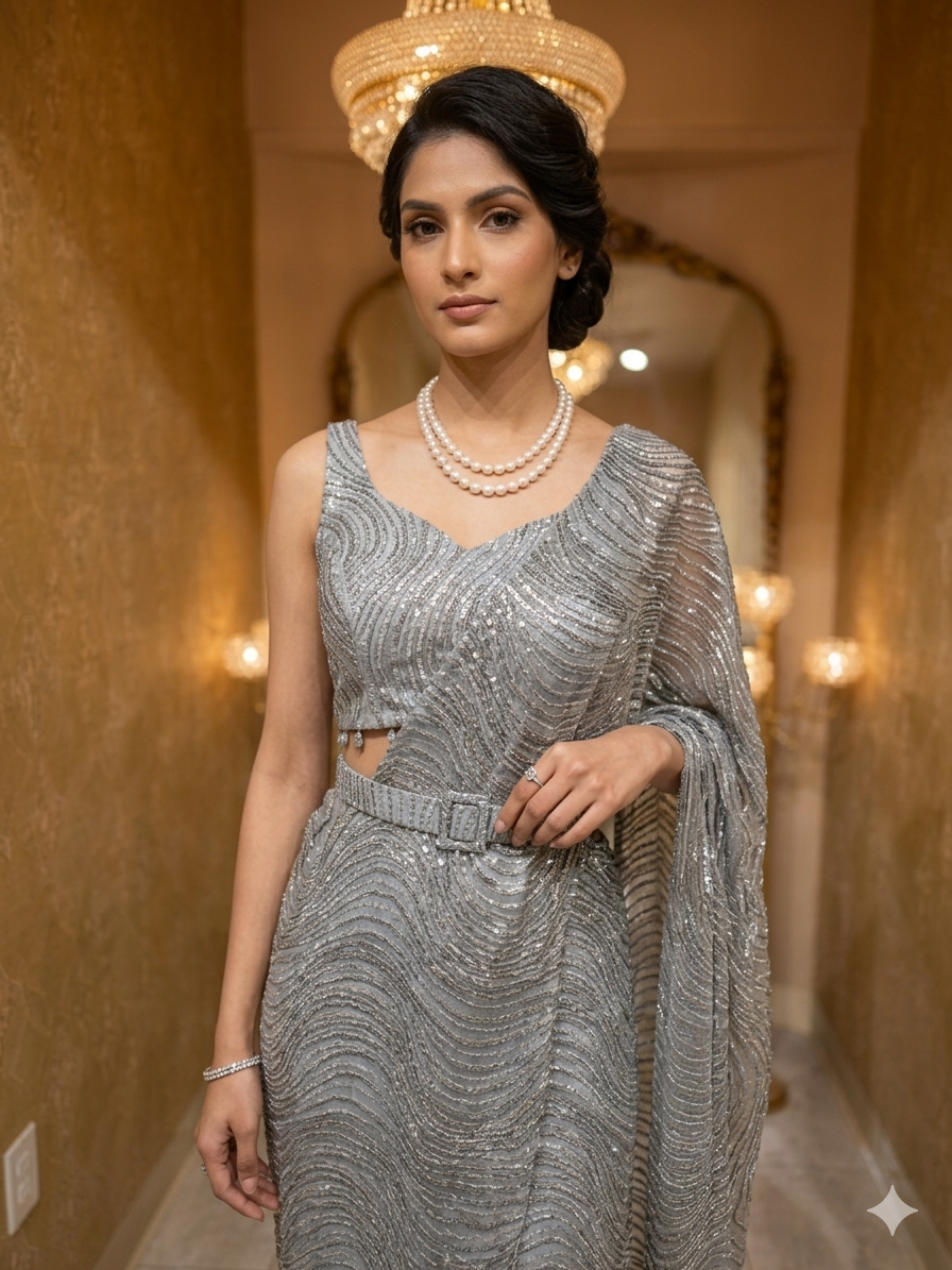 Metallic Grey Fusion Saree Drape