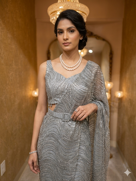 Metallic Grey Fusion Saree Drape
