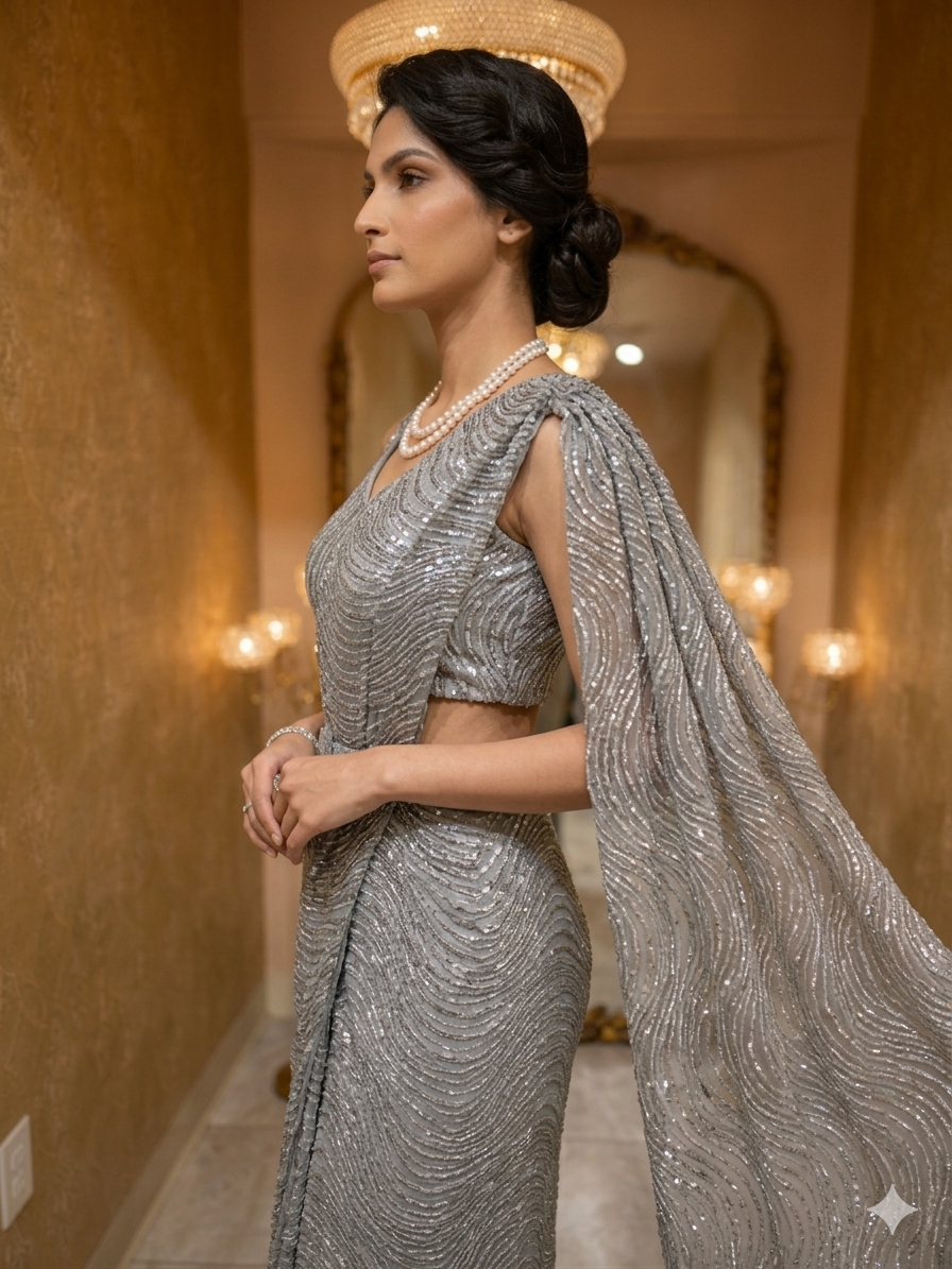 Metallic Grey Fusion Saree Drape