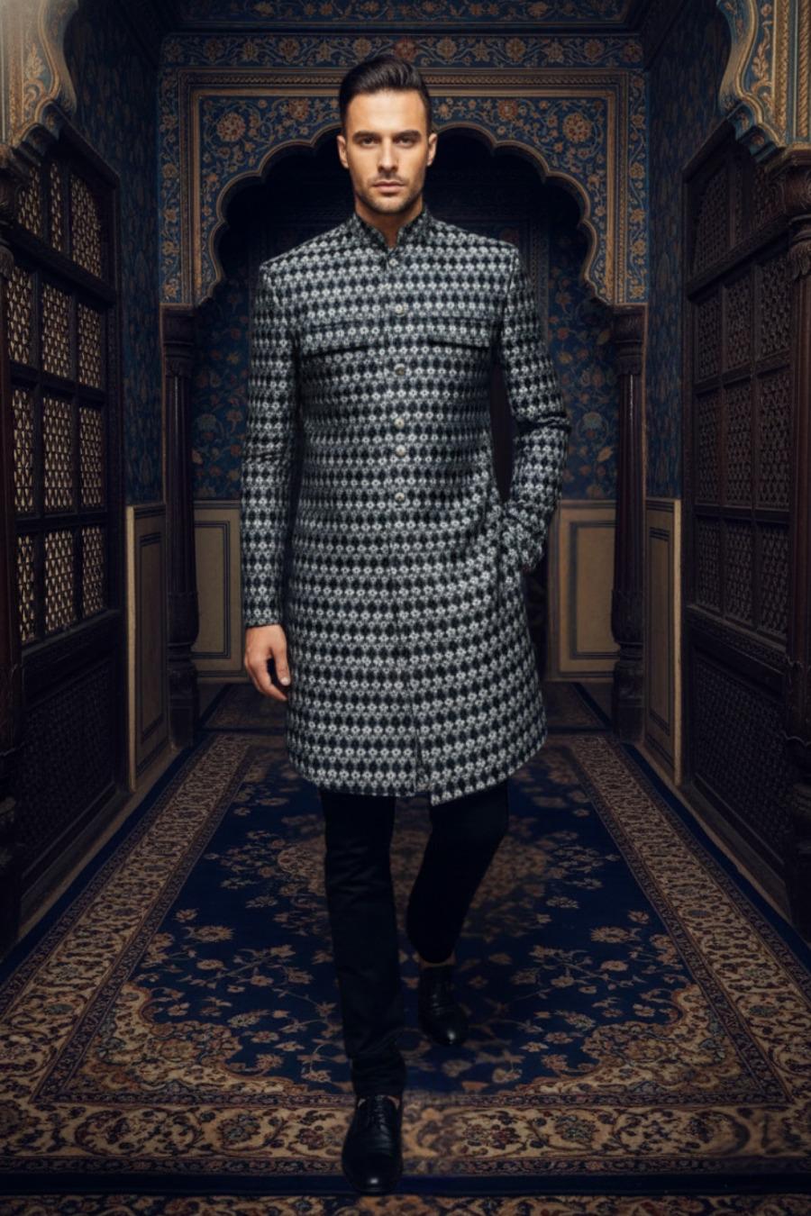 Monochrome Geometric Indo-Western Sherwani