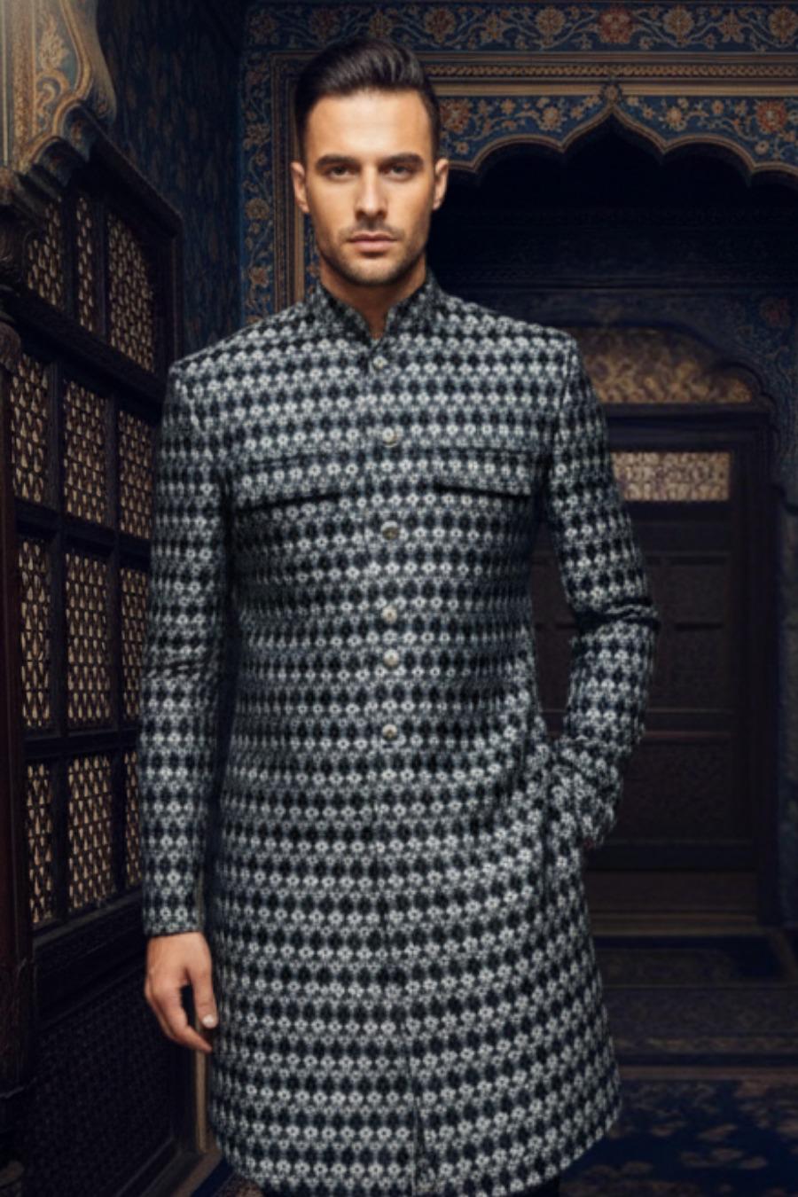 Monochrome Geometric Indo-Western Sherwani