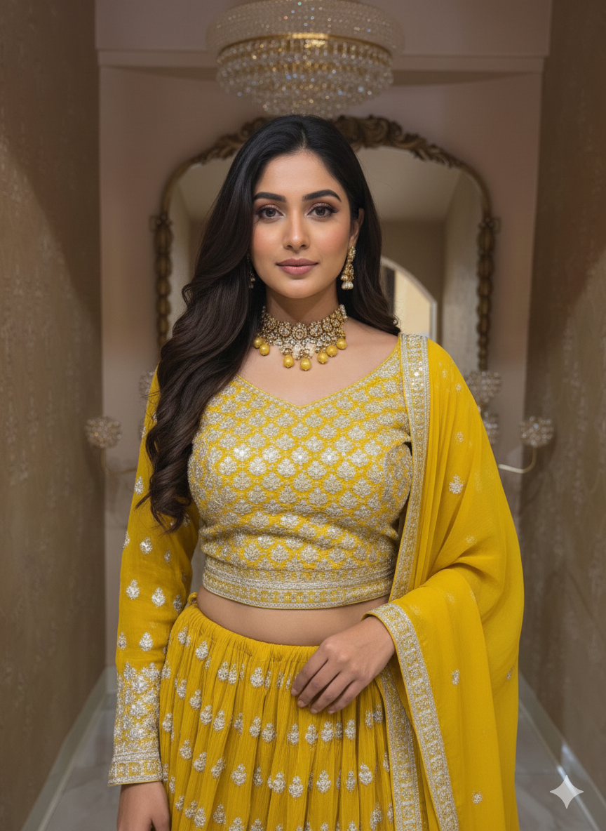 Mustard Yellow Organza Lehenga Choli