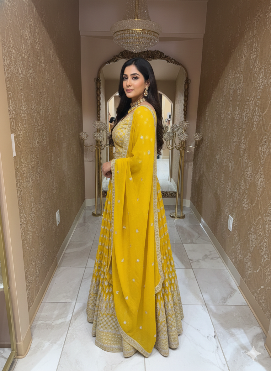 Mustard Yellow Organza Lehenga Choli