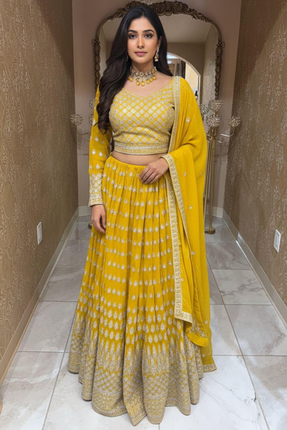 Mustard Yellow Organza Lehenga Choli