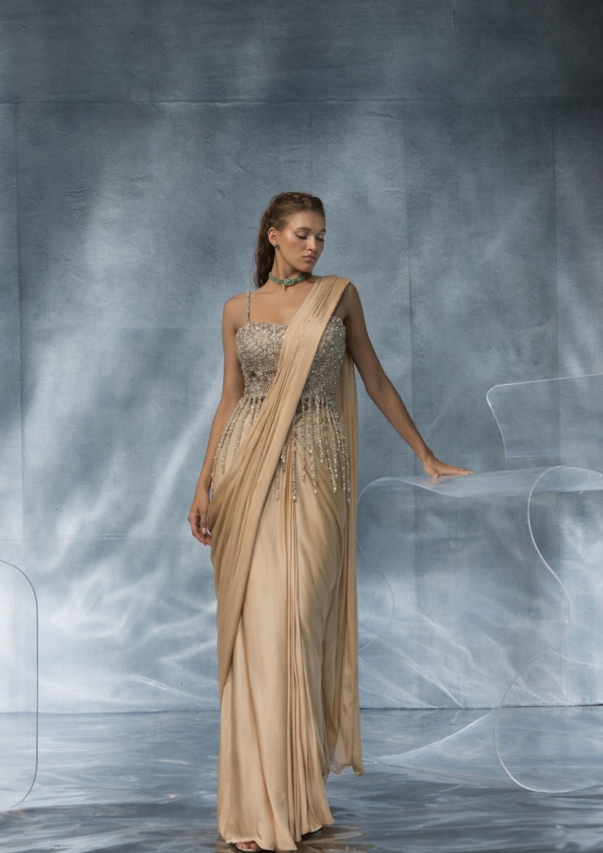 Kalighata Pret -  Beige Fusion Nova Saree
