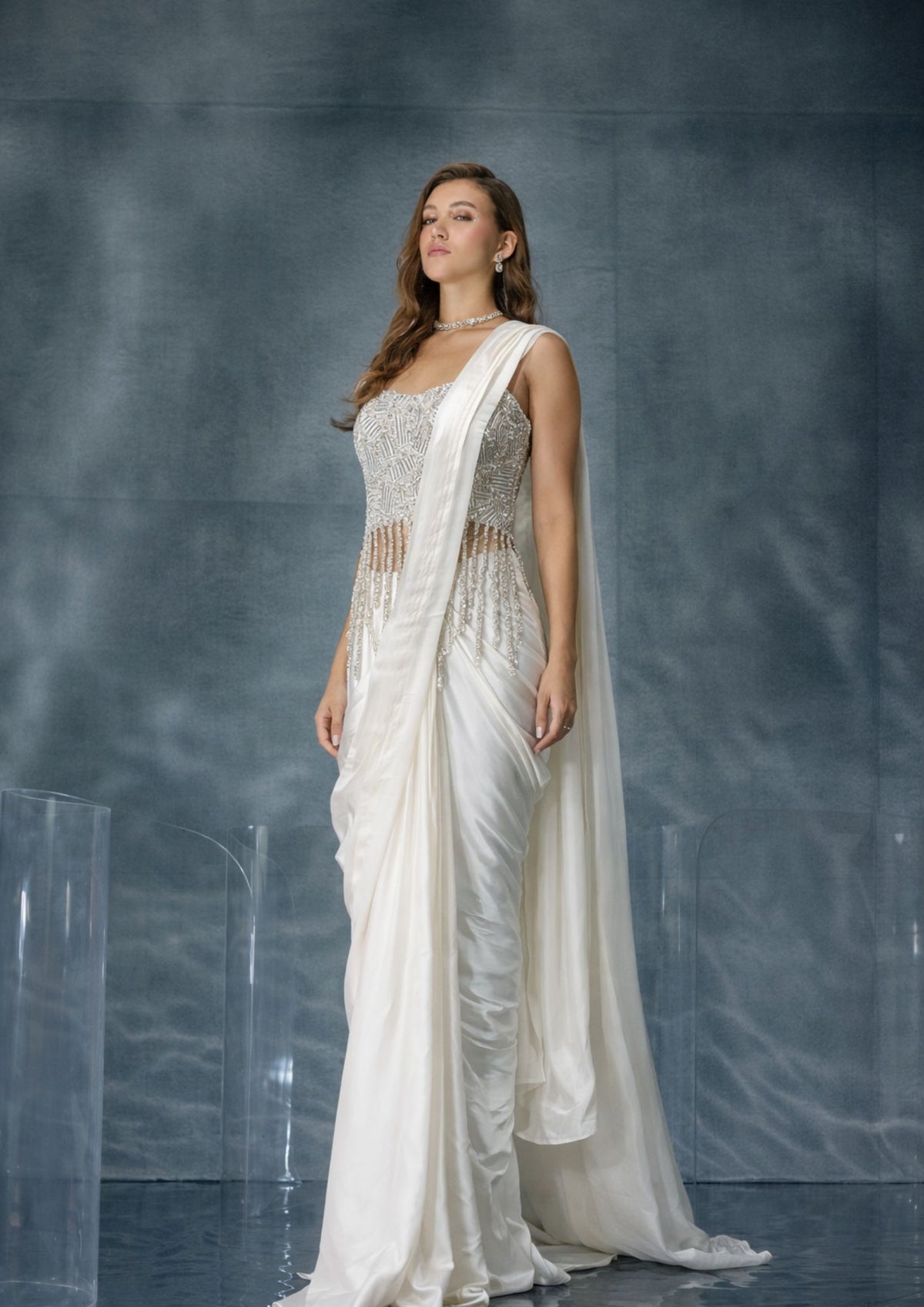 Kalighata Pret - White Fusion Nova Saree
