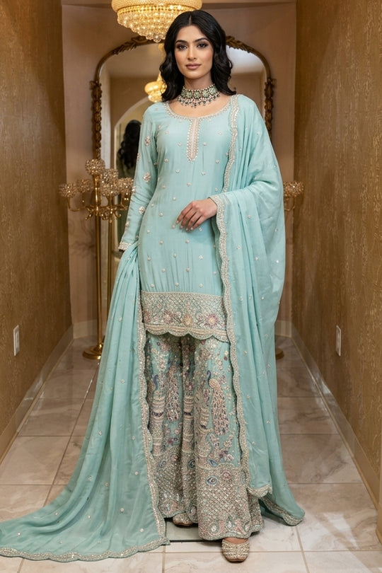 Pastel Blue Heavily Embroidered Kurta Set with Dupatta