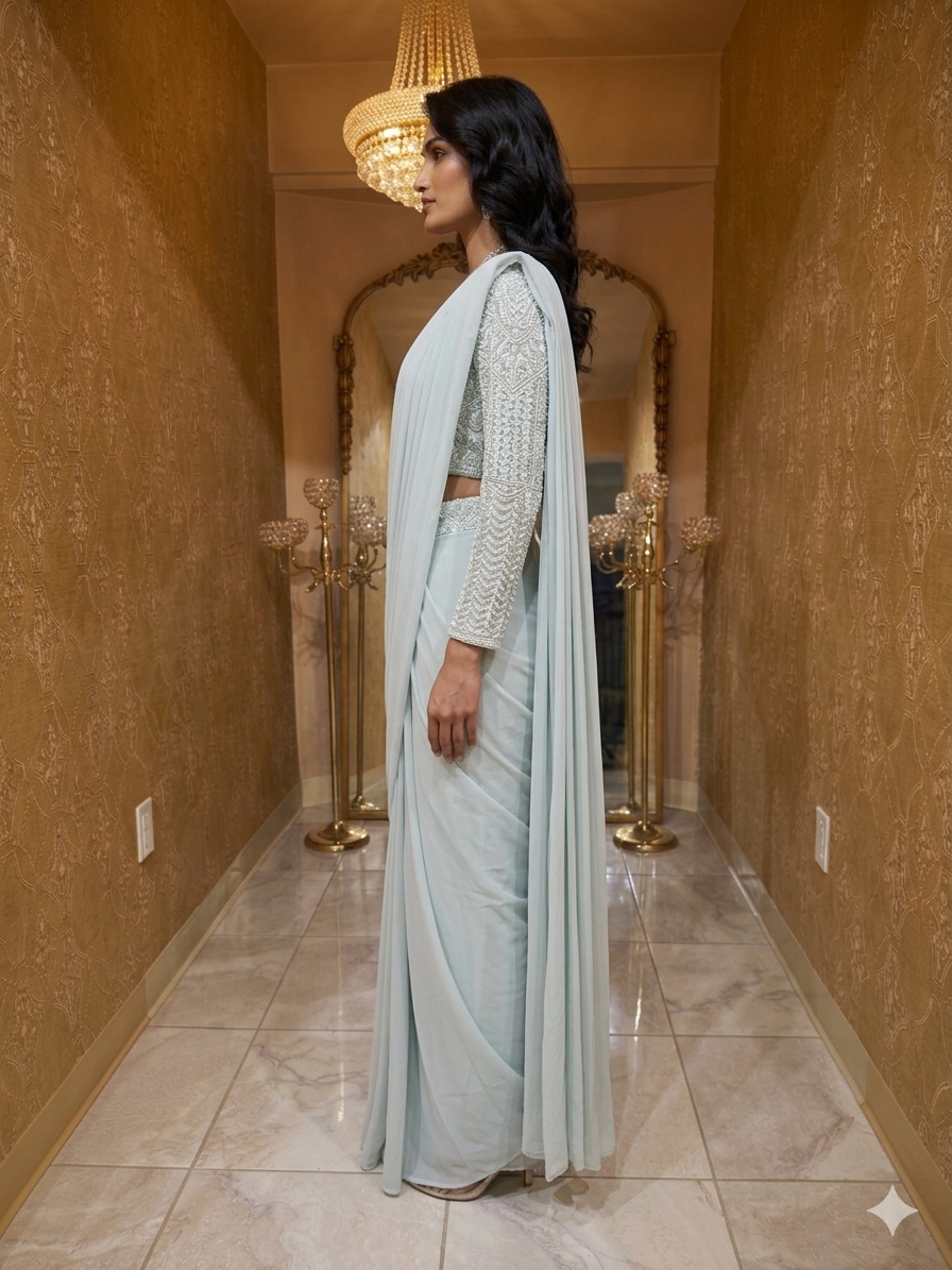 Powder Blue Pre-Draped Saree with Embellished Blouse