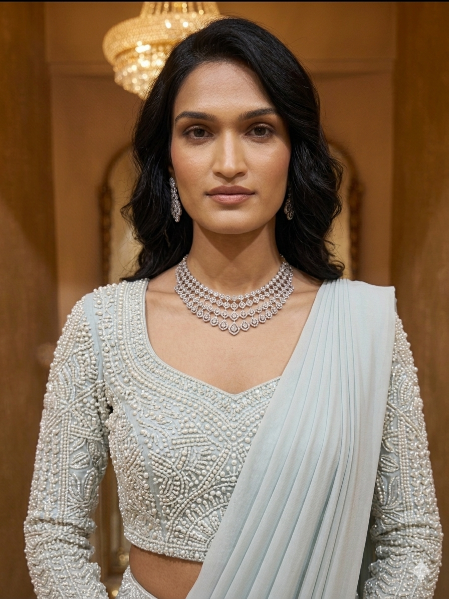 Powder Blue Pre-Draped Saree with Embellished Blouse