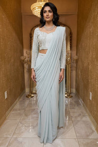 Powder Blue Pre-Draped Saree with Embellished Blouse
