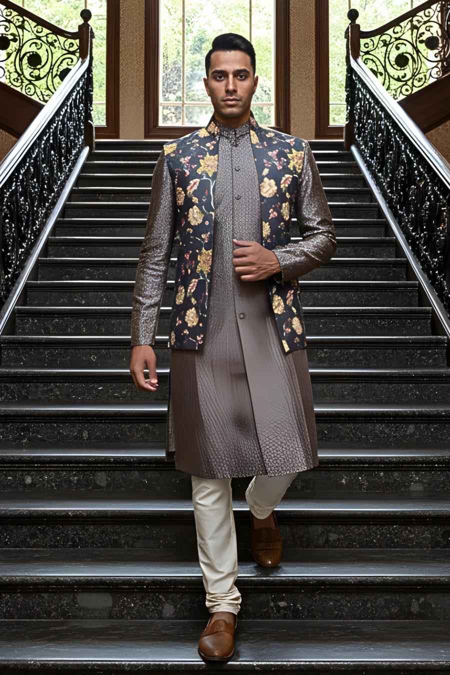 Rust Floral Sherwani with Embroidered Jacket