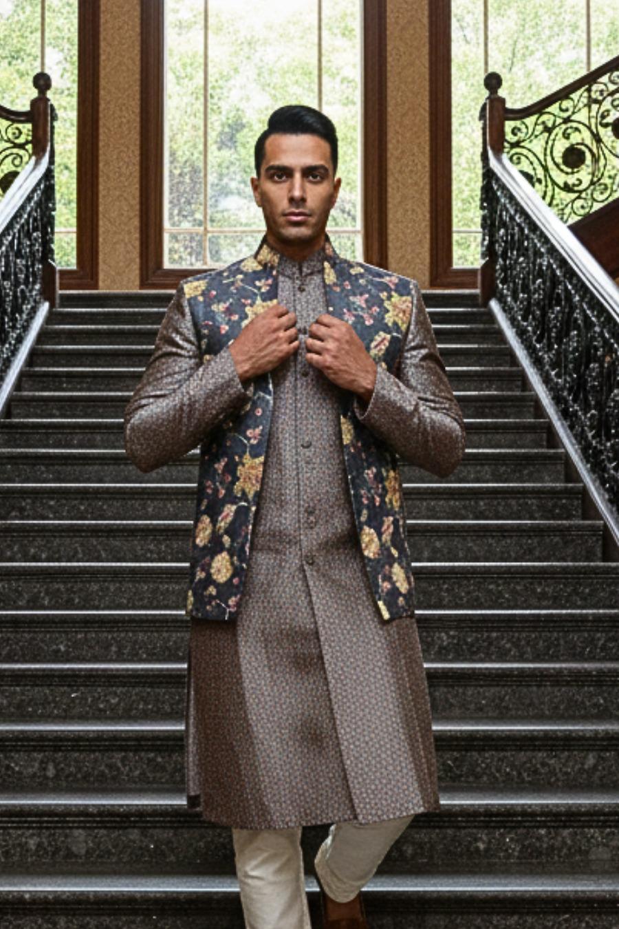 Rust Floral Sherwani with Embroidered Jacket