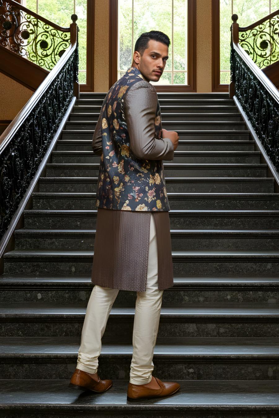 Rust Floral Sherwani with Embroidered Jacket