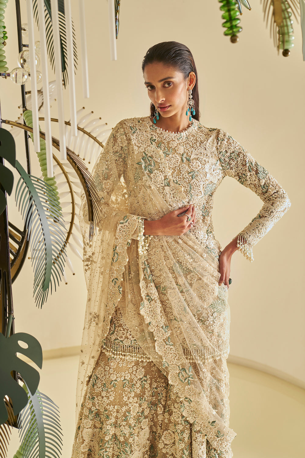 Seema Gujral - Nude Floral Sharara Set