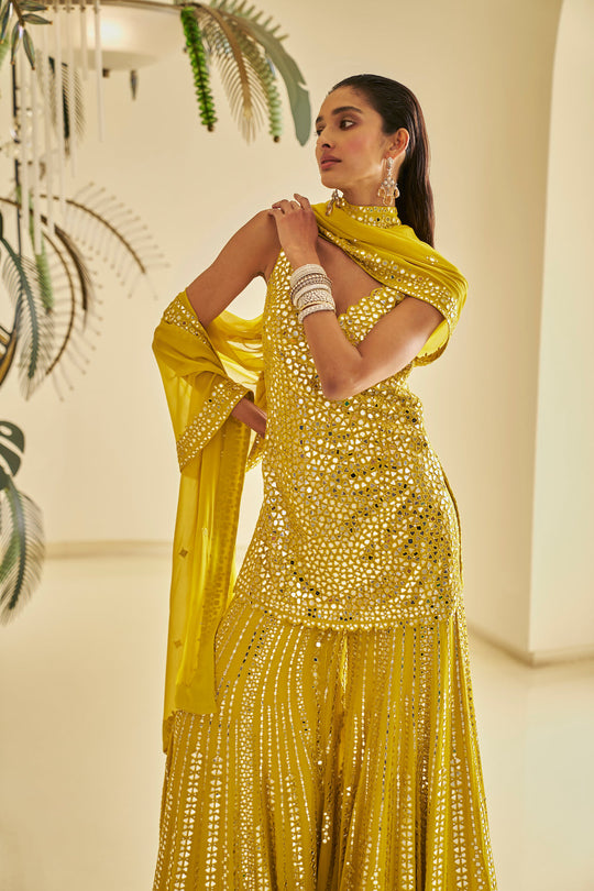 Seema Gujral - Yellow Mirror Work Sharara Set