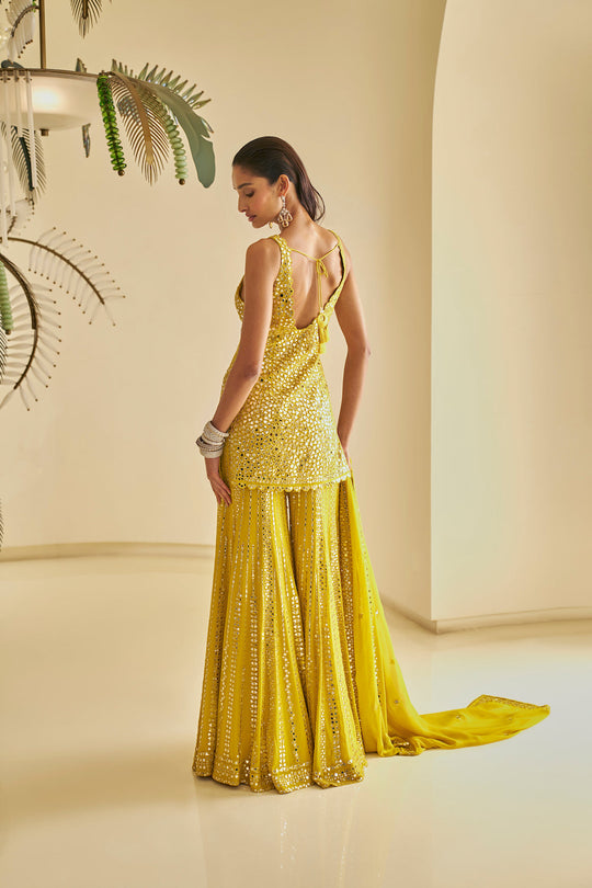 Seema Gujral - Yellow Mirror Work Sharara Set