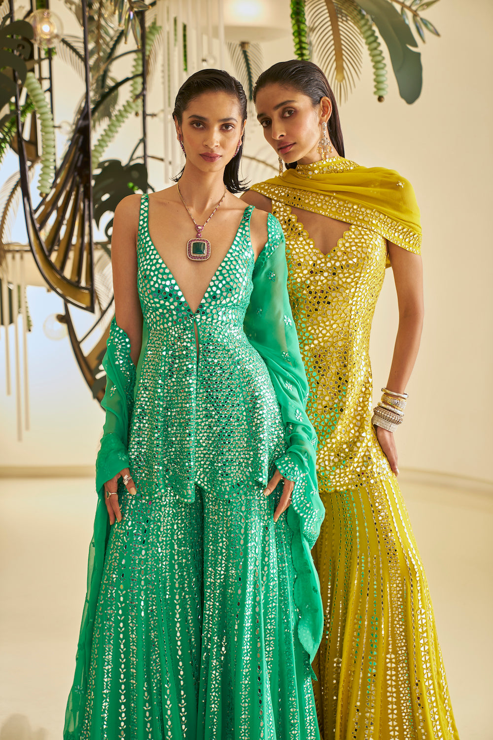 Seema Gujral - Green Mirror Work Sharara Set
