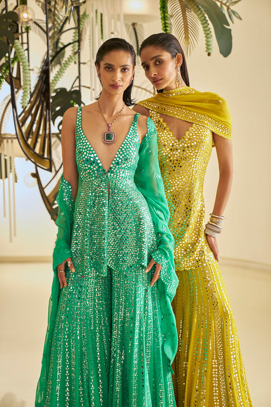 Seema Gujral - Green Mirror Work Sharara Set