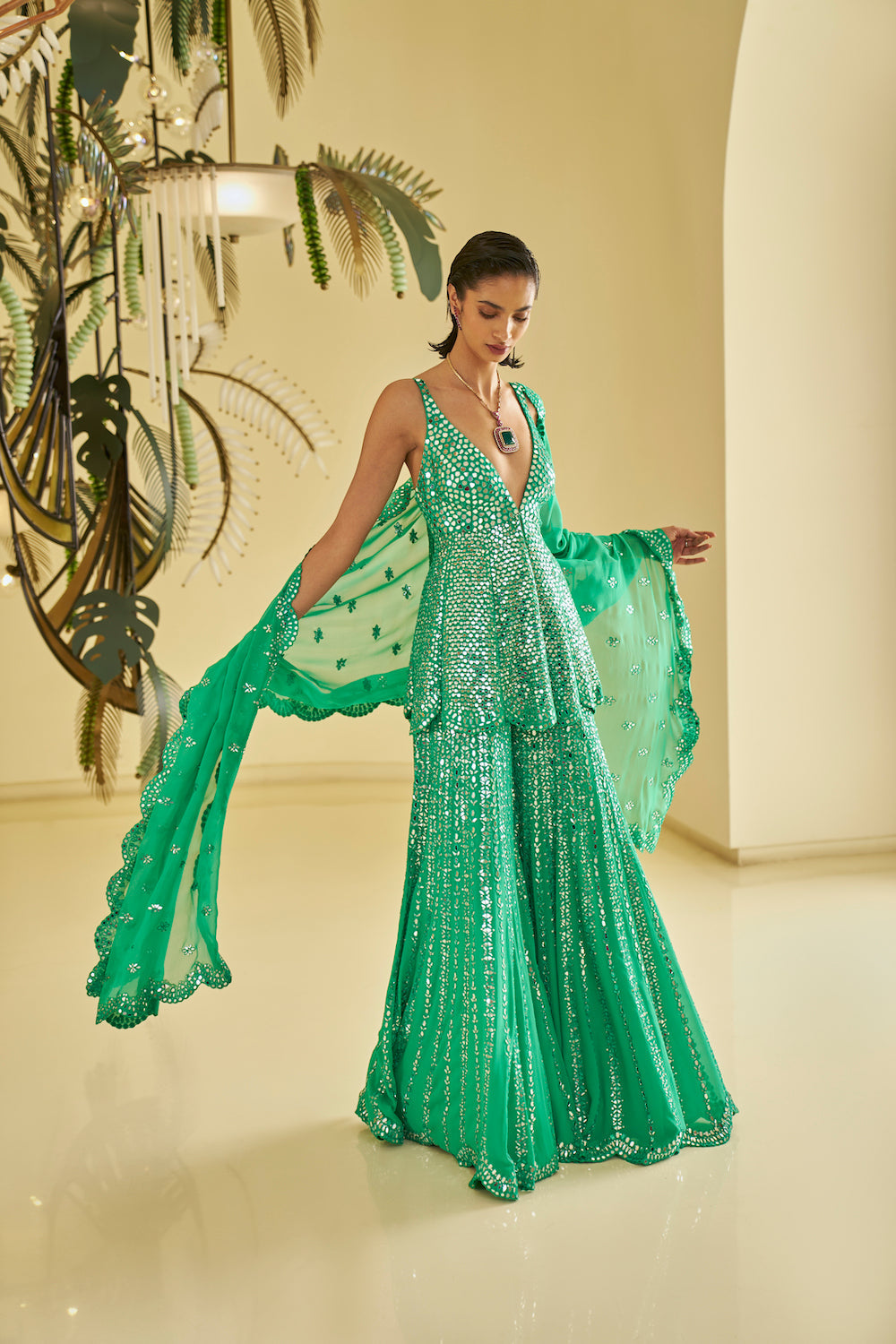 Seema Gujral - Green Mirror Work Sharara Set