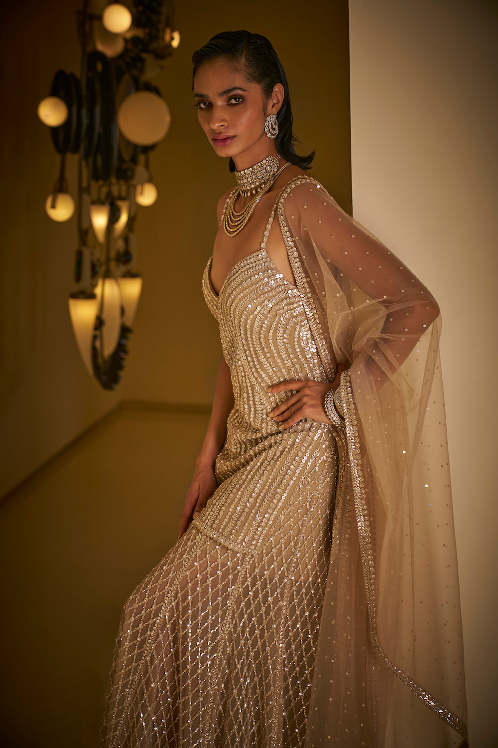 Seema Gujral - Champagne Sequin Sharara Set