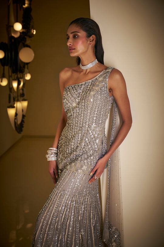 Seema Gujral - Silver Grey Sequin Sharara Set