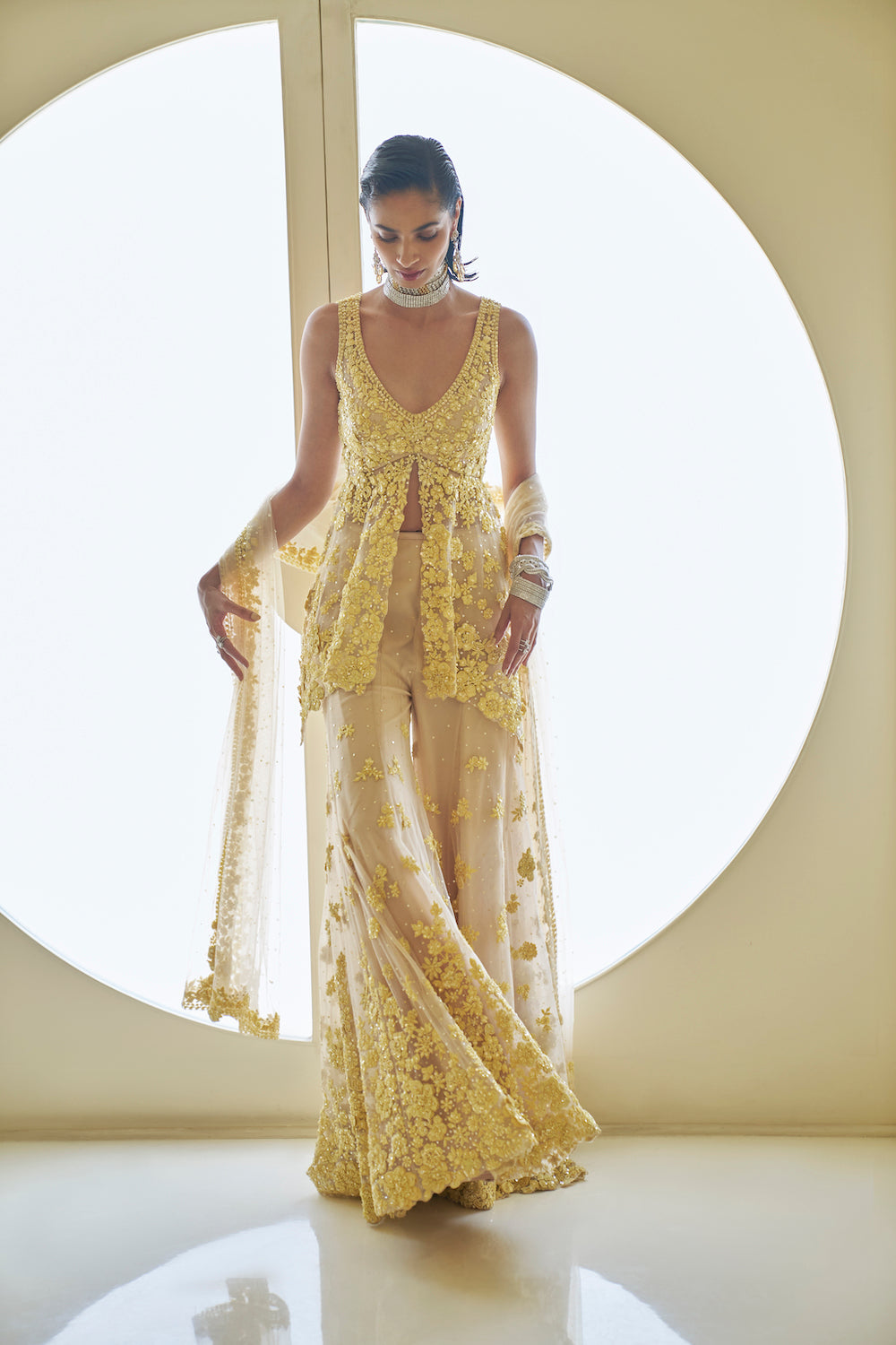 Seema Gujral - Yellow Three-Dimensional Floral Sharara Set