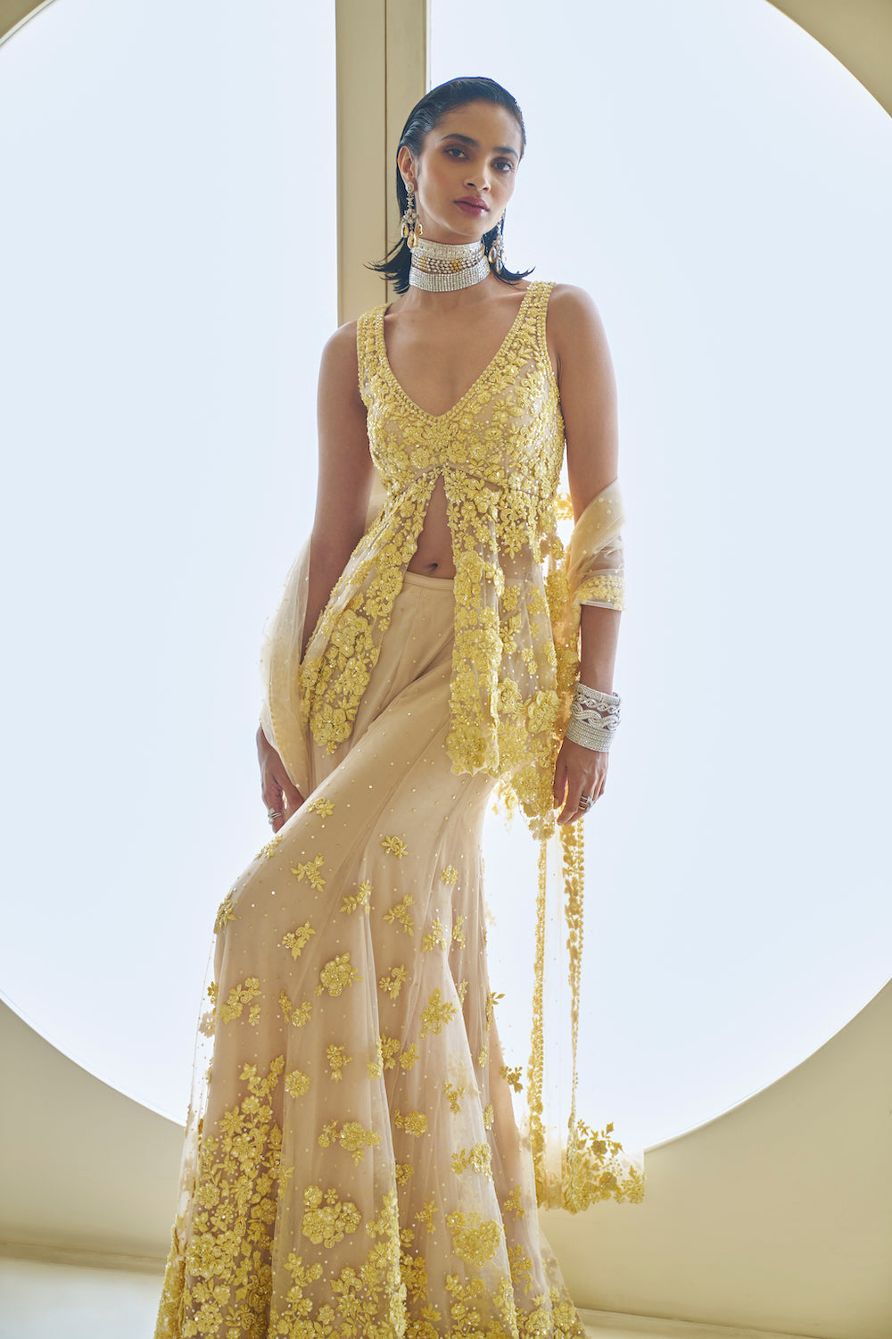 Seema Gujral - Yellow Three-Dimensional Floral Sharara Set