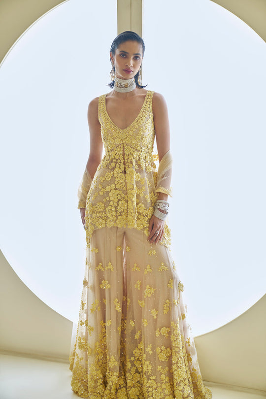 Seema Gujral - Yellow Three-Dimensional Floral Sharara Set