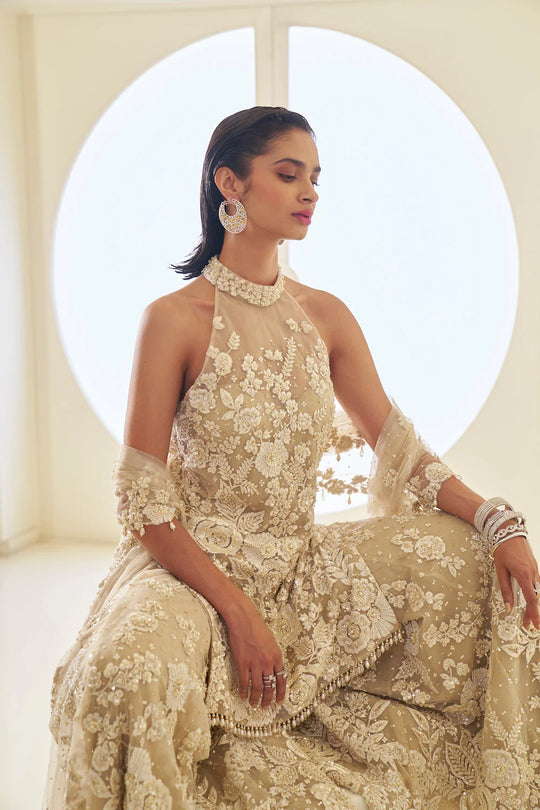 Seema Gujral - Mira In Nude Three-Dimensional Sharara Set