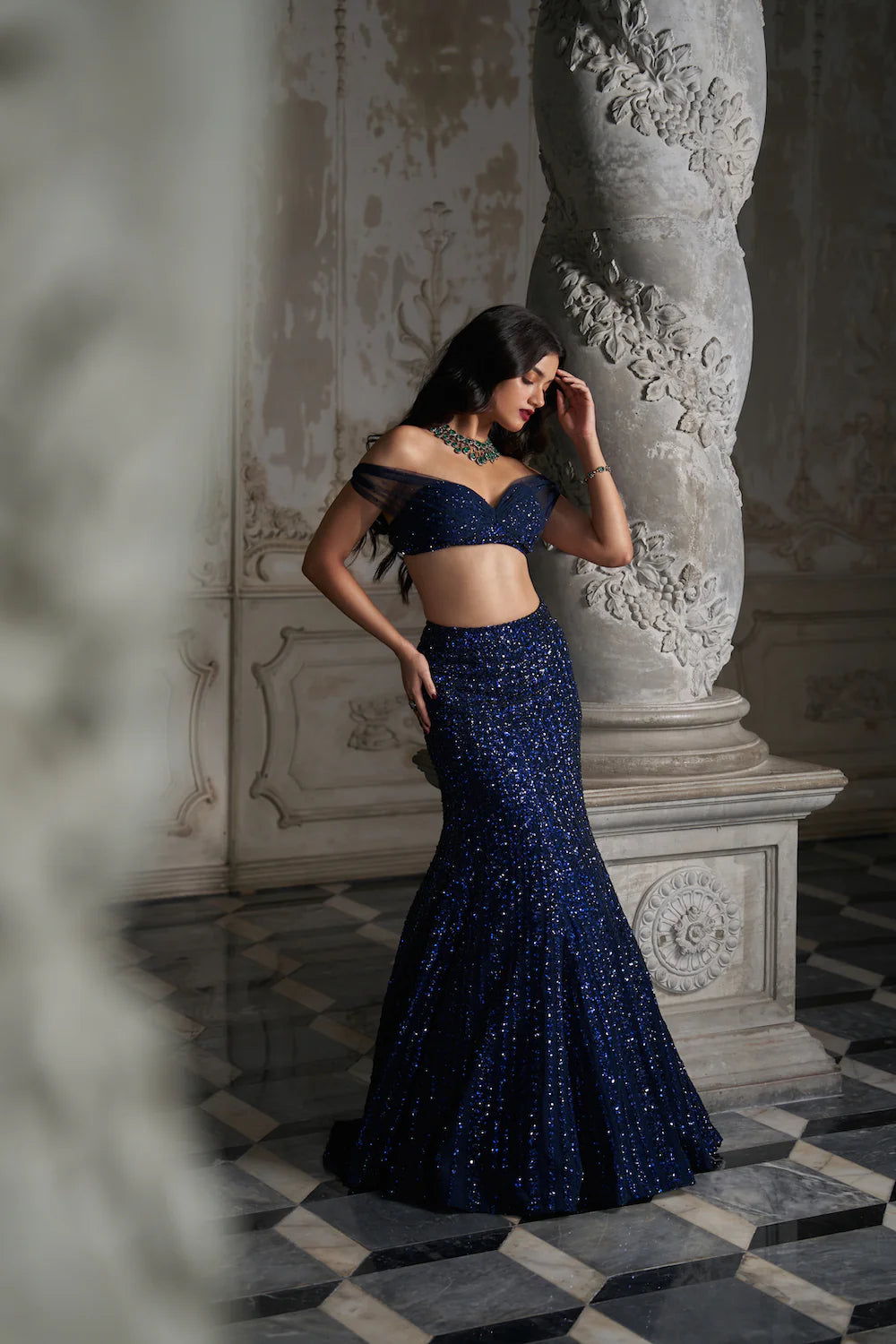 Seema Gujral - Navy Sequin Skirt Set